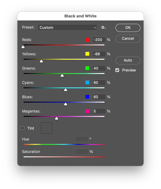 B&W conversion settings