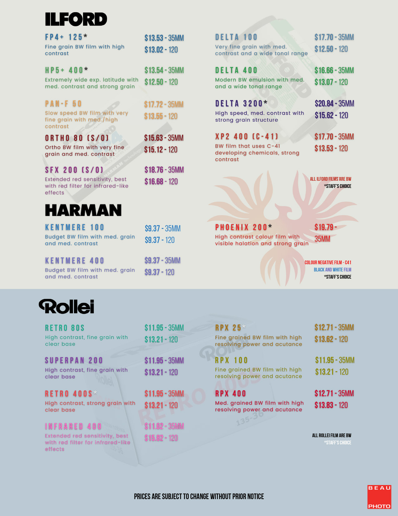 Beau Photo film price list