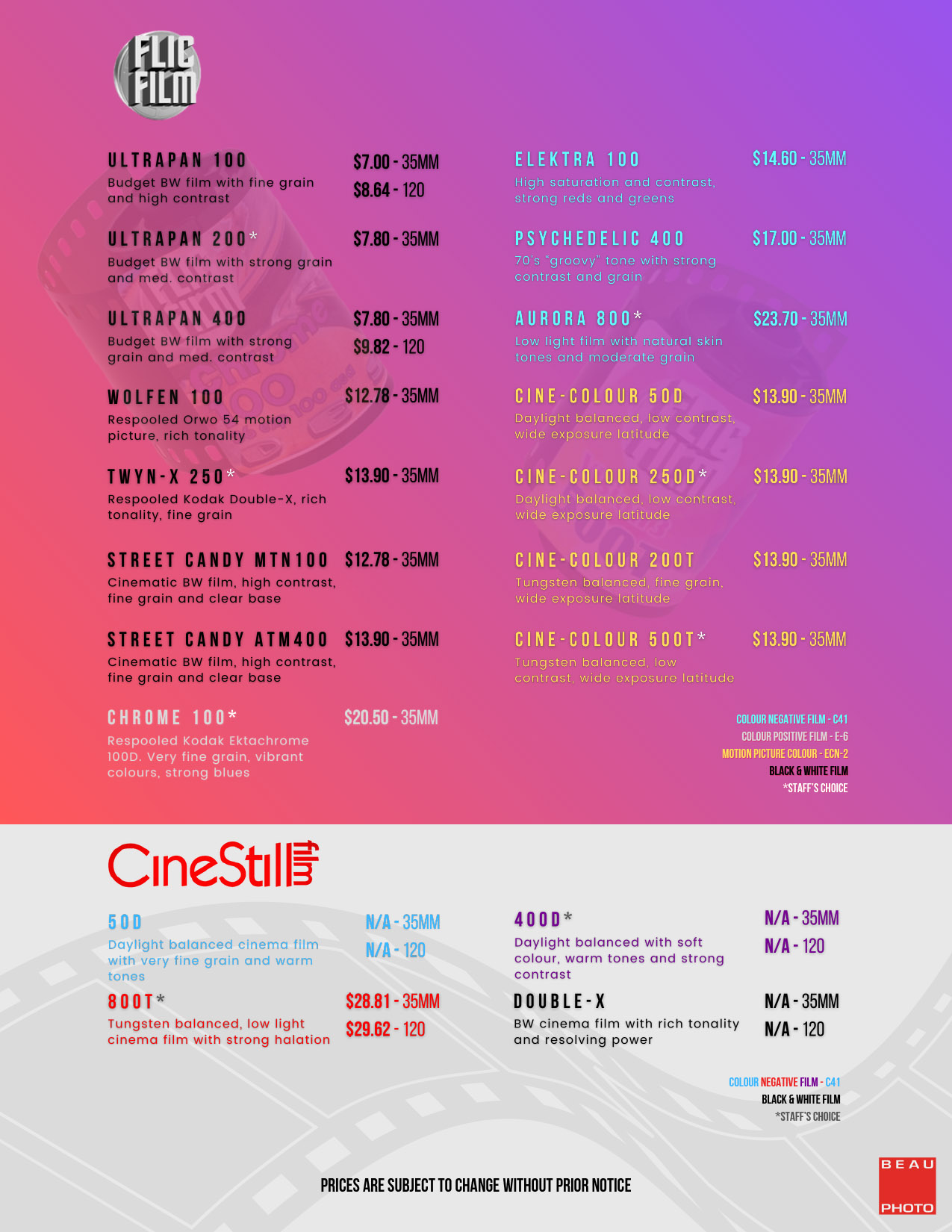 Beau Photo film price list