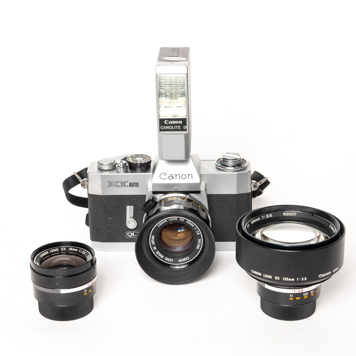 Canon EX Auto W/ 50mmf f1.8, 35mm f3.5, 125mm Lens f3.5, Canonlite D Flash