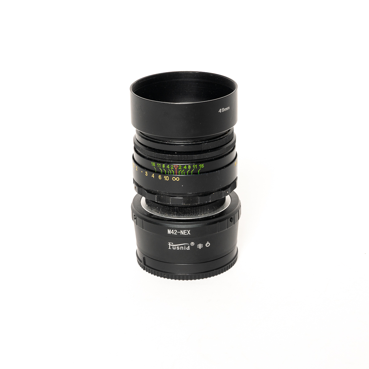 Helios 55mm f2 lens w/Fusnid M42-NEX adapter