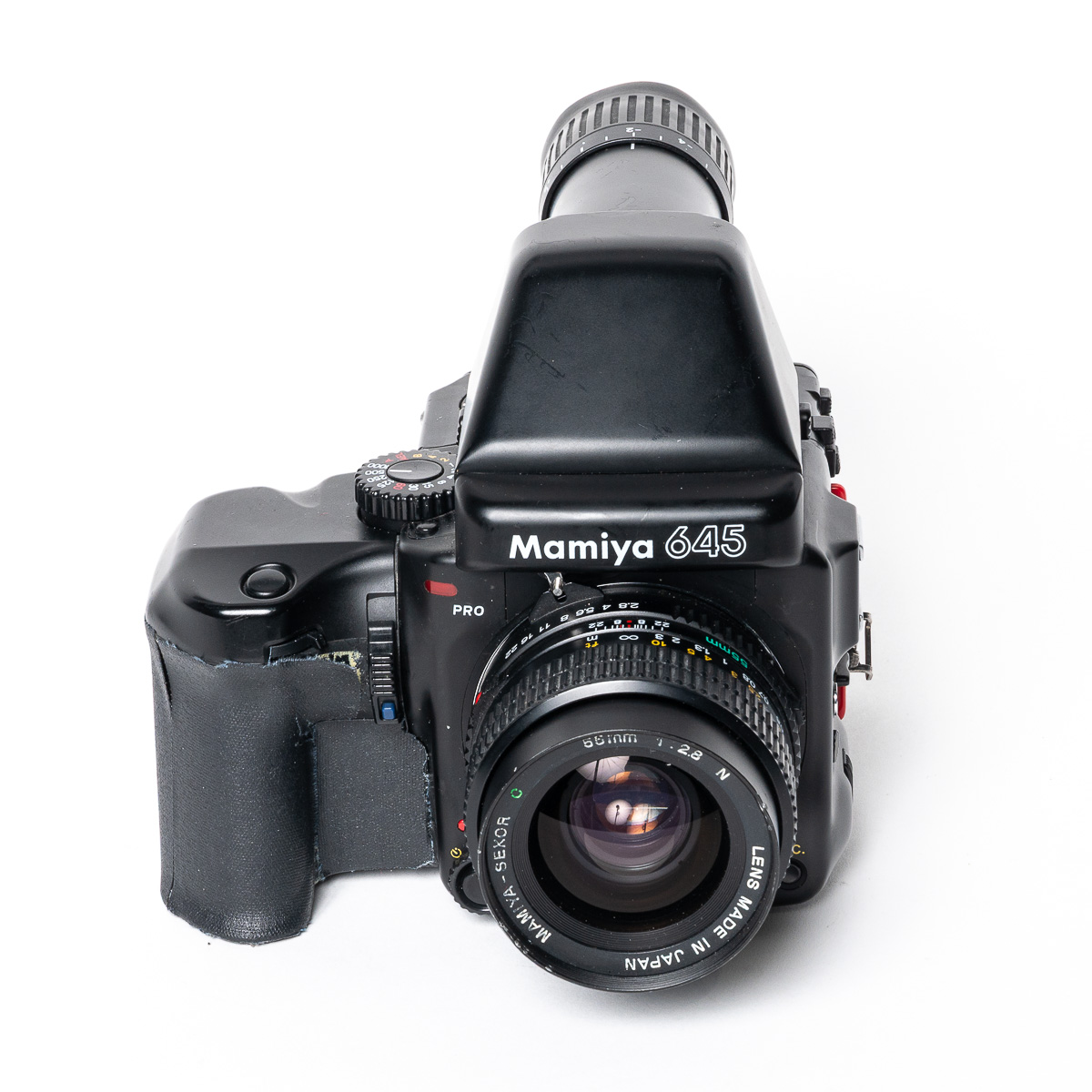 Mamiya 645 Pro w/ 55mm f2.8, 150mm f3.5, 300mm f5.6, film back, prism finder