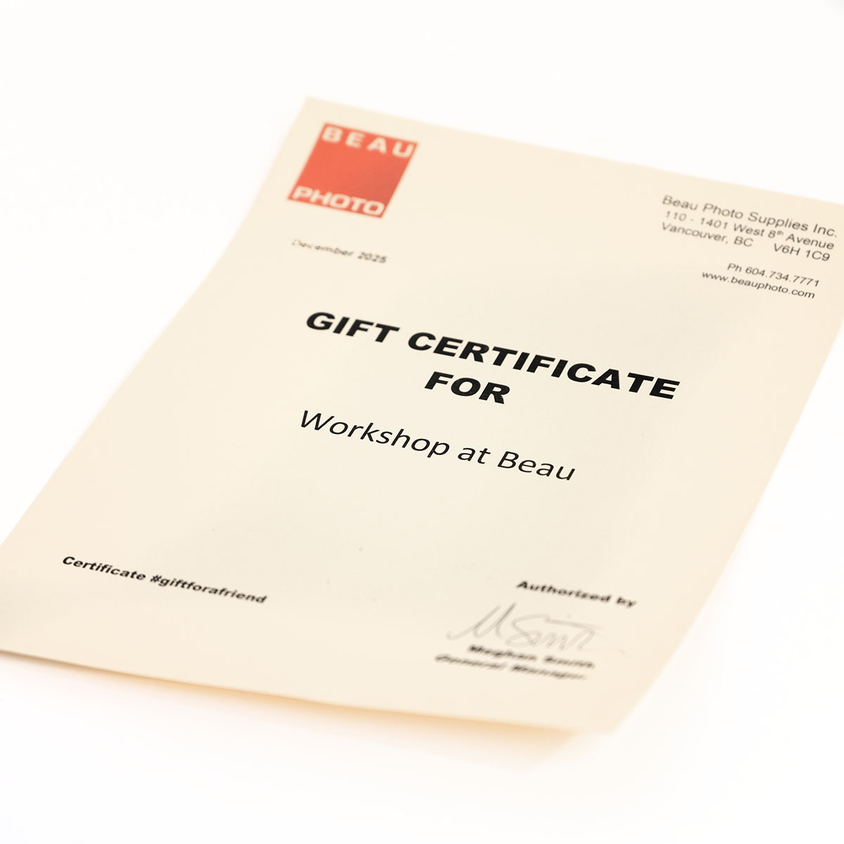 Beau workshop gift certificate